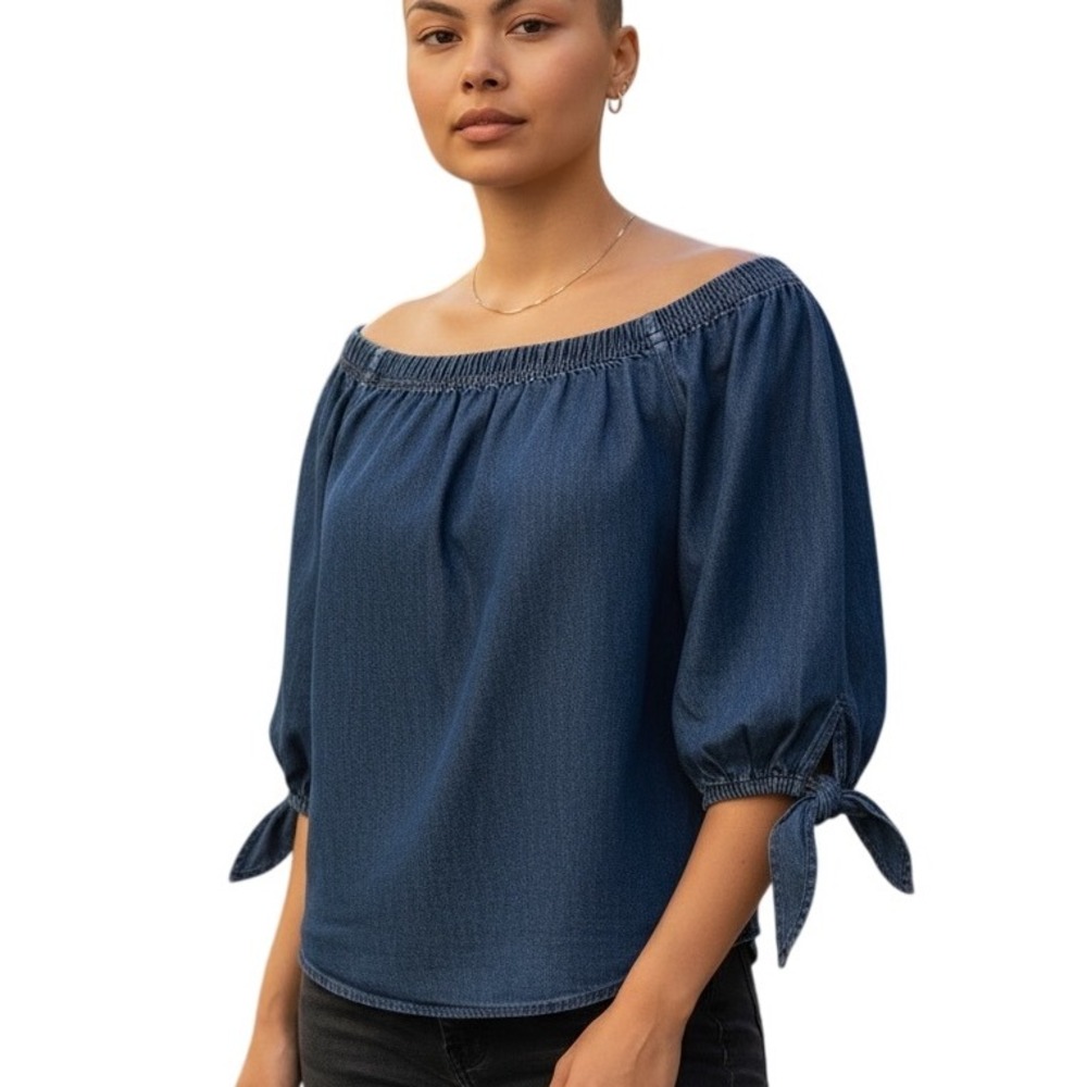 Lauren Ralph Lauren Off Shoulder Cold Sleeve Denim Shirt Blouse Tie‎ Sleeve Sz S